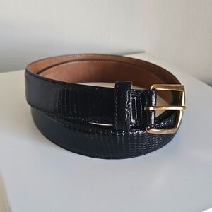 TARDINI Mens Black Genuine Italian Leather Genuine Lizard Skin Belt Gold Buckle